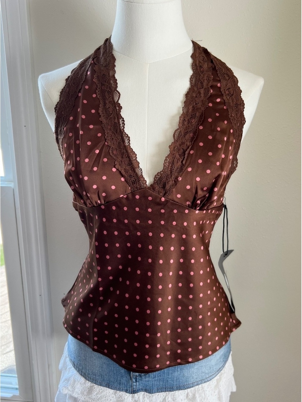 NWT Sans Souci Brown & Pink Polka Dot Satin Halter Top